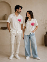 Cream Lotus Printed Unisex Half Sleeves Shirts - XPST