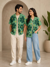 Green Big Flower Printed Unisex Half Sleeves Shirts - XPST