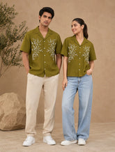 Leaf Green Flower Printed Unisex Half Sleeves Shirts - XPST