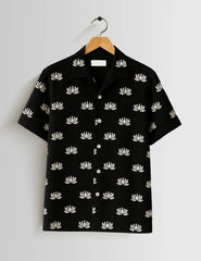 Black Small Lotus Printed Unisex Half Sleeves Shirts - XPST