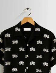 Black Small Lotus Printed Mens Half Sleeves Shirts - XPST