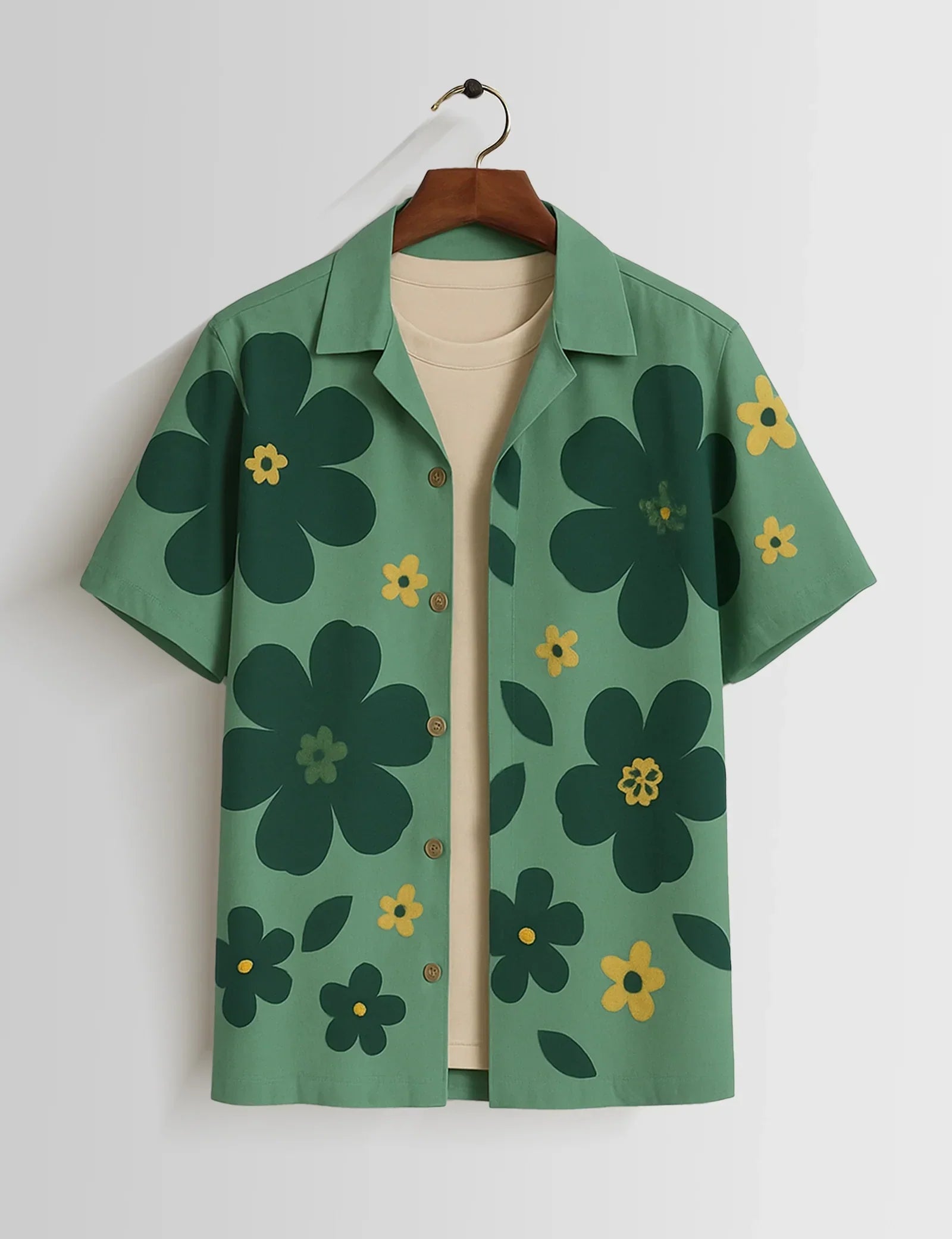 Green Big Flower Printed Unisex Half Sleeves Shirts - XPST