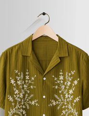 Leaf Green Flower Printed Mens Half Sleeves Shirts - XPST