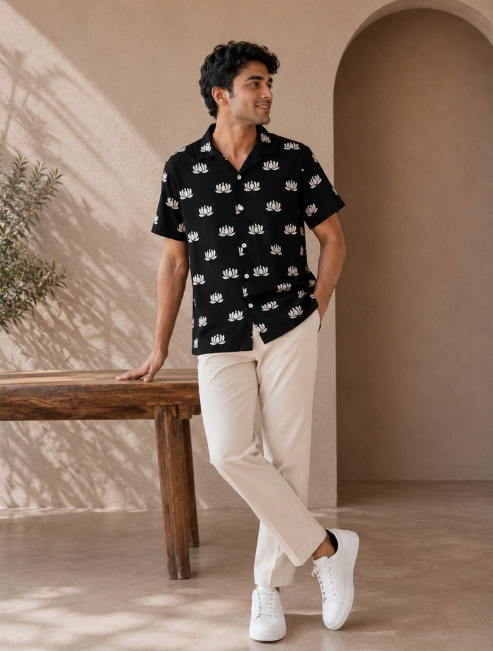Black Small Lotus Printed Unisex Half Sleeves Shirts - XPST