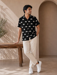 Black Small Lotus Printed Unisex Half Sleeves Shirts - XPST