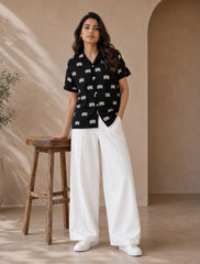 Black Small Lotus Printed Unisex Half Sleeves Shirts - XPST