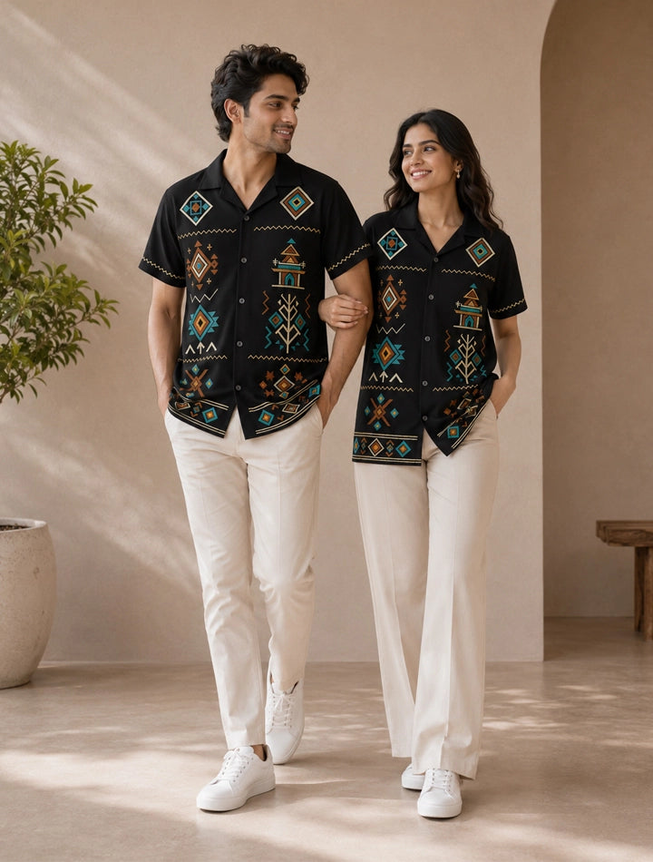 Black Square Pattern Printed Unisex Half Sleeves Shirts - XPST