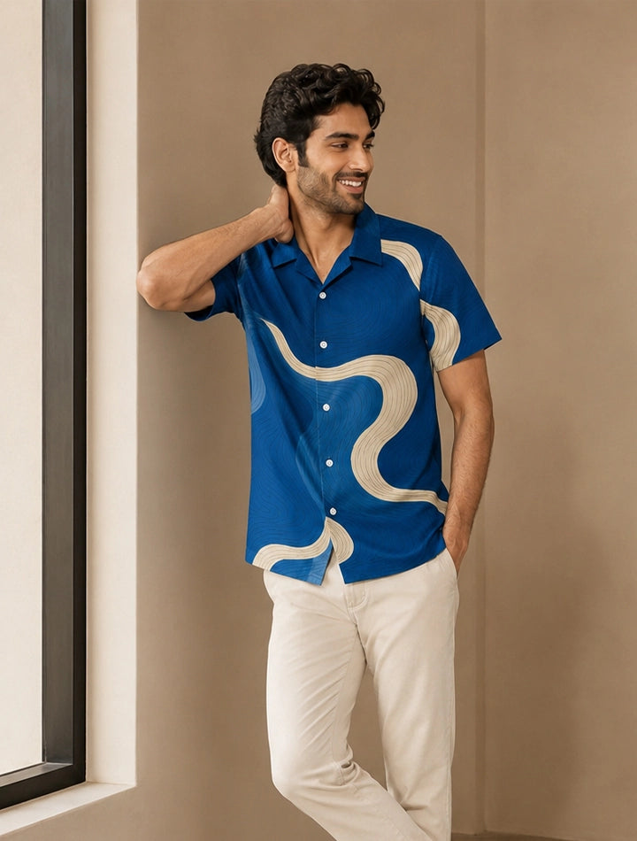Blue Wavy Pattern Printed Unisex Half Sleeves Shirts - XPST