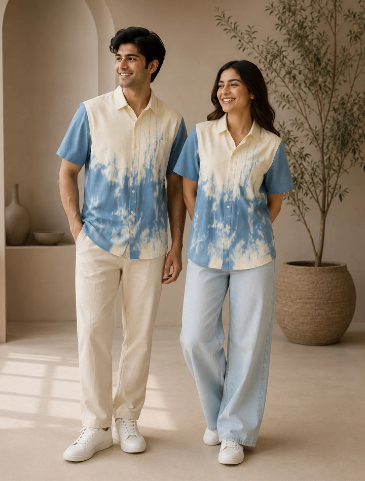 Blue White Shady Pattern Printed Unisex Half Sleeves Shirts - XPST