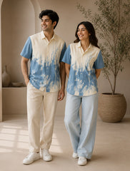 Blue White Shady Pattern Printed Unisex Half Sleeves Shirts - XPST