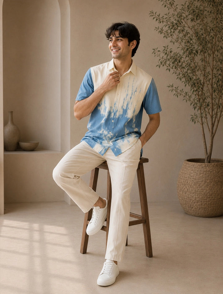 Blue White Shady Pattern Printed Unisex Half Sleeves Shirts - XPST