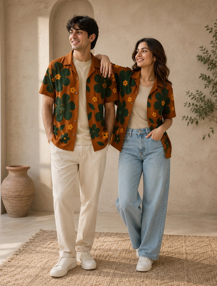 Brown Big Flower Printed Unisex Half Sleeves Shirts - XPST