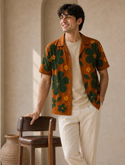 Brown Big Flower Printed Unisex Half Sleeves Shirts - XPST
