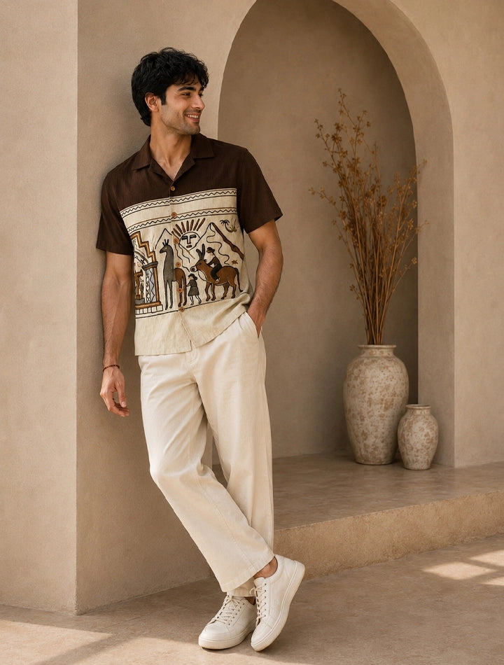 Brown Egyption Pattern Unisex Half Sleeves Shirts - XPST
