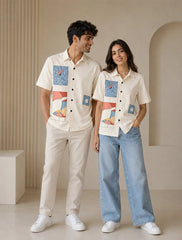Cream Half Patch Printed Unisex Half Sleeves Shirts - XPST