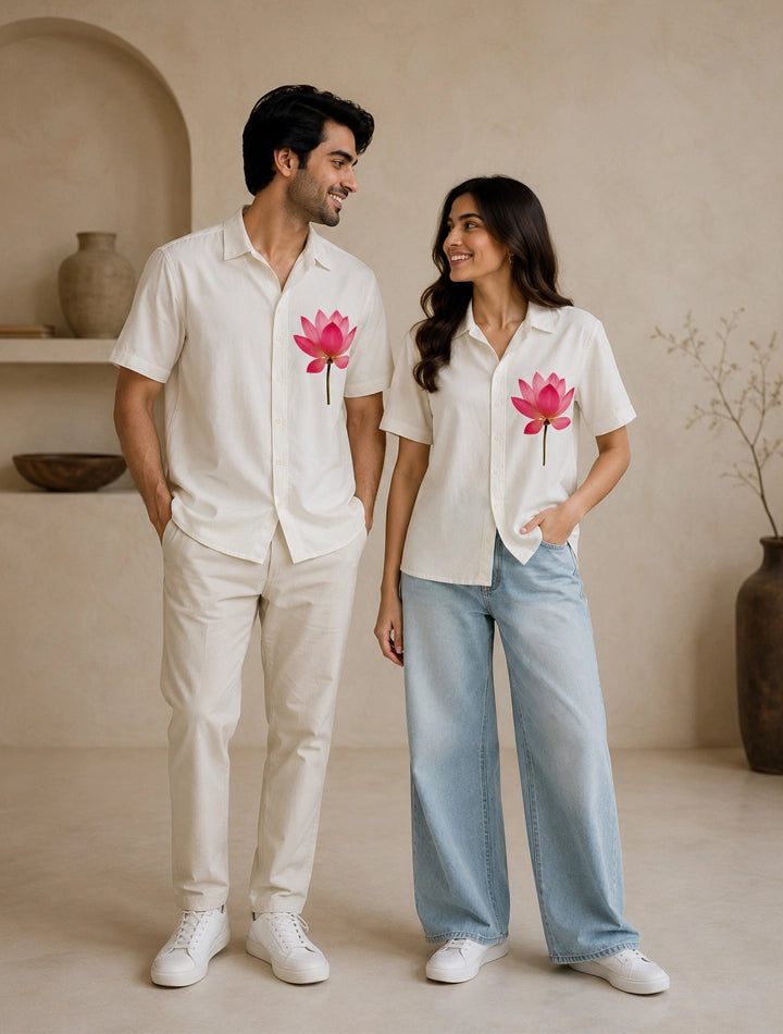 Cream Lotus Printed Unisex Half Sleeves Shirts - XPST