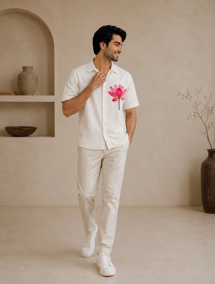 Cream Lotus Printed Unisex Half Sleeves Shirts - XPST