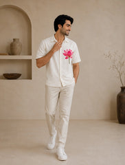 Cream Lotus Printed Unisex Half Sleeves Shirts - XPST