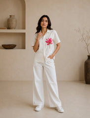 Cream Lotus Printed Unisex Half Sleeves Shirts - XPST