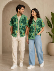 Green Big Flower Printed Unisex Half Sleeves Shirts - XPST