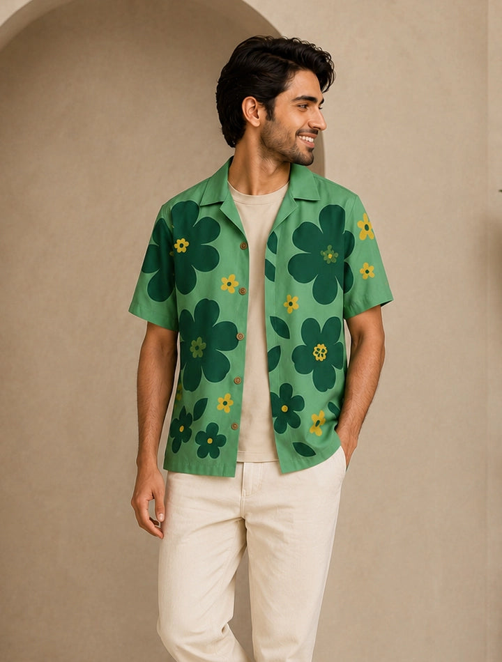 Green Big Flower Printed Unisex Half Sleeves Shirts - XPST