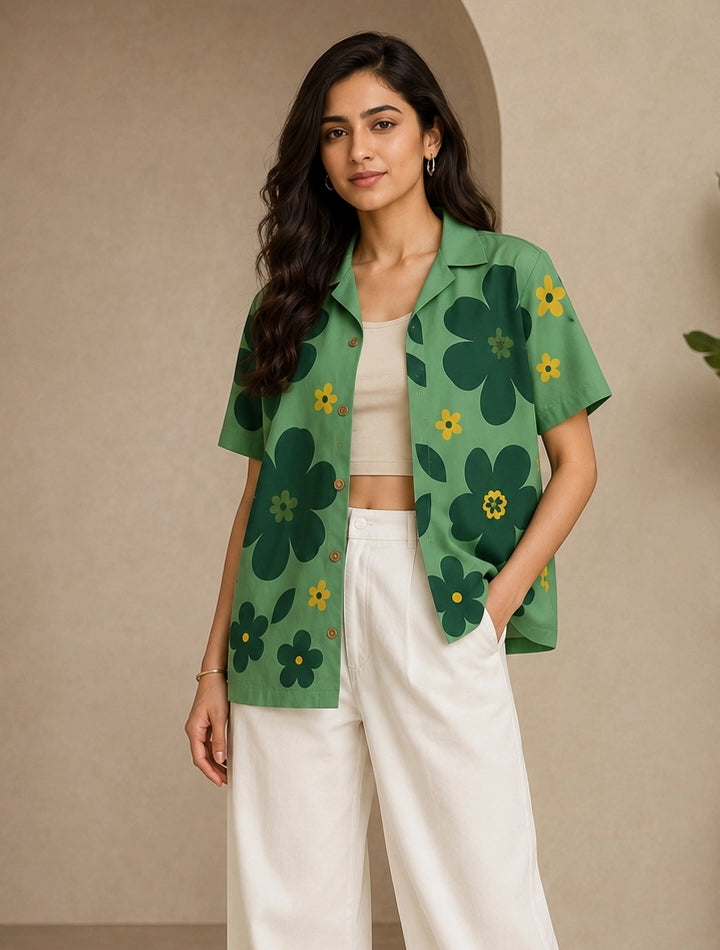 Green Big Flower Printed Unisex Half Sleeves Shirts - XPST