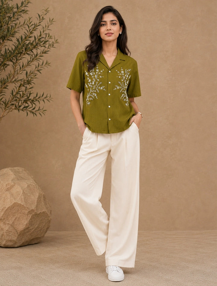 Leaf Green Flower Printed Unisex Half Sleeves Shirts - XPST