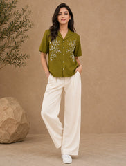 Leaf Green Flower Printed Unisex Half Sleeves Shirts - XPST