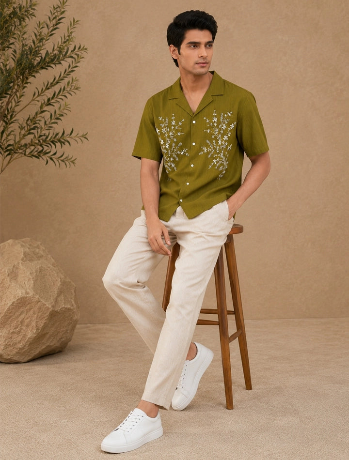 Leaf Green Flower Printed Unisex Half Sleeves Shirts - XPST