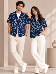 Navy Blue Loop Printed Unisex Half Sleeves Shirts - XPST