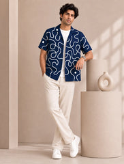 Navy Blue Loop Printed Unisex Half Sleeves Shirts - XPST