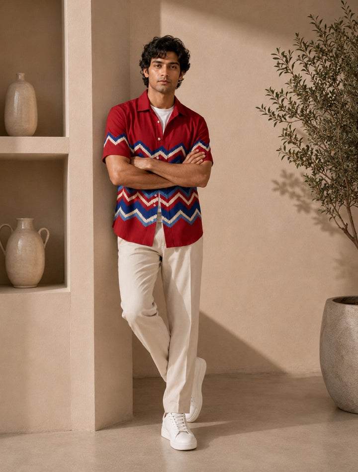 Red Zigzag Unisex Half Sleeves Shirts - XPST