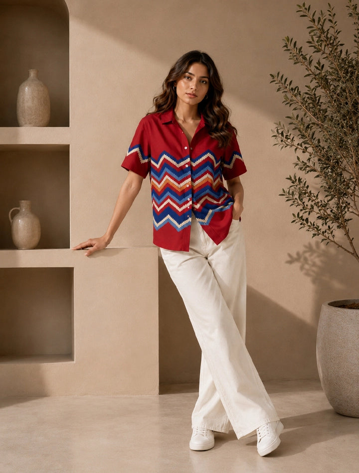 Red Zigzag Unisex Half Sleeves Shirts - XPST